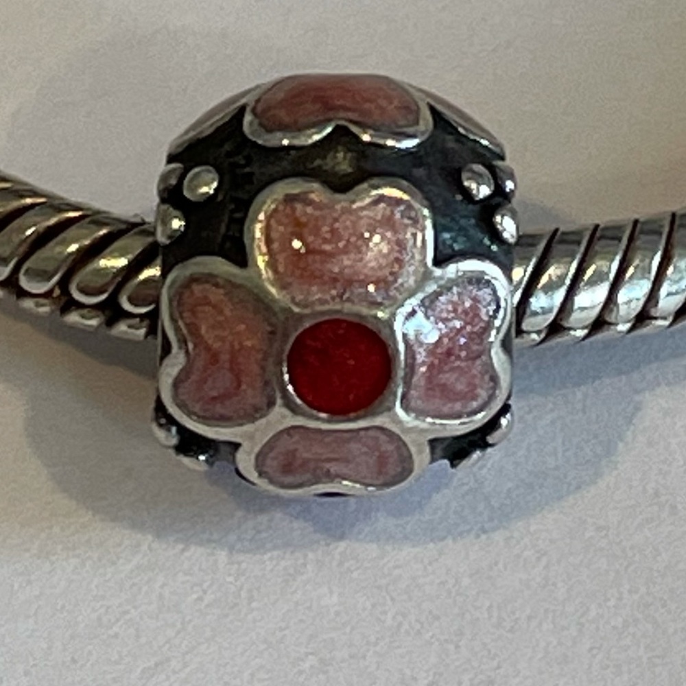 Pandora pink enamel flower and dots silver charm